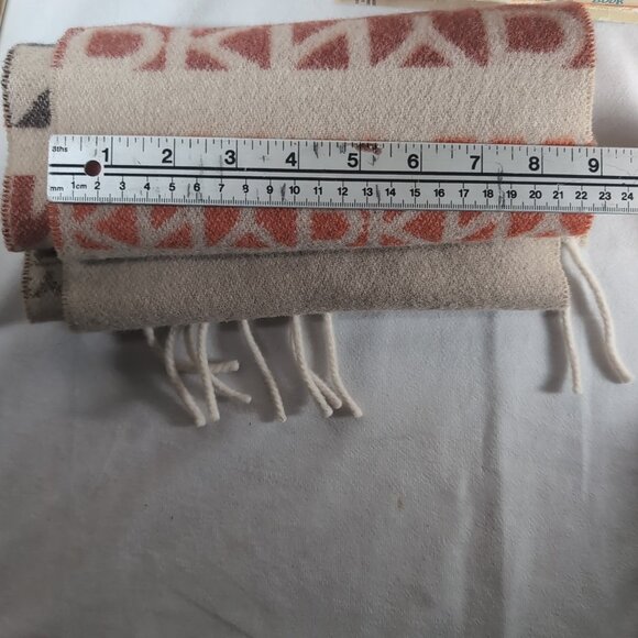 DKNY Wool Scarf Beige Brown Red Rectangle Rectangular Fringe Monogram Unisex O/S - Picture 9 of 9